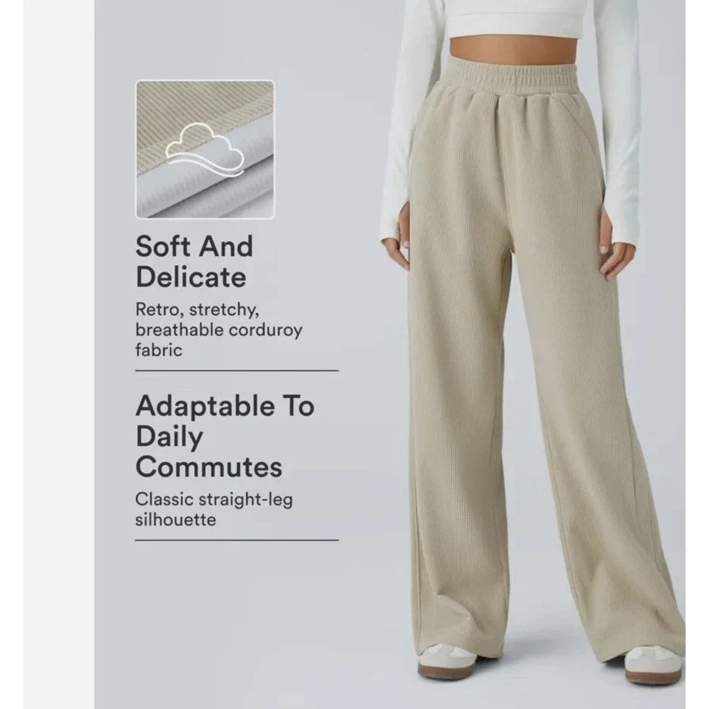 NWT Halara Wide Leg Ribbed Corduroy Pants Beige‎ Tan Petite Small 02760726